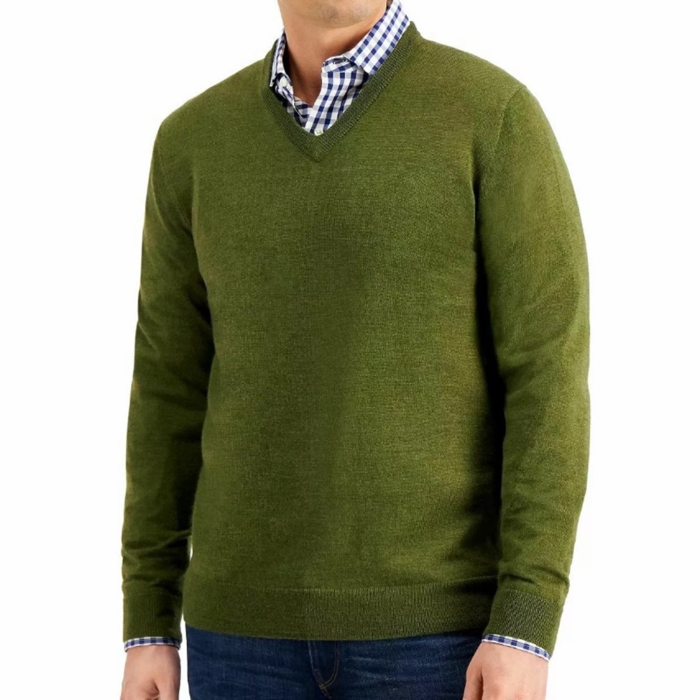 CLUB ROOM Ivy League Green V-Neck Wool Blend Knit Pullover Sweater size S